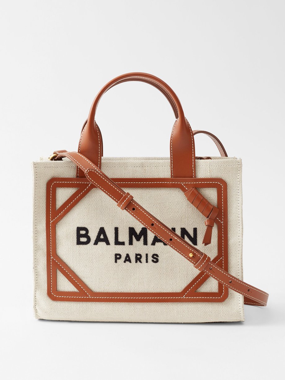 Tan B-Army small leather-trim canvas tote bag | Balmain | MATCHESFASHION US