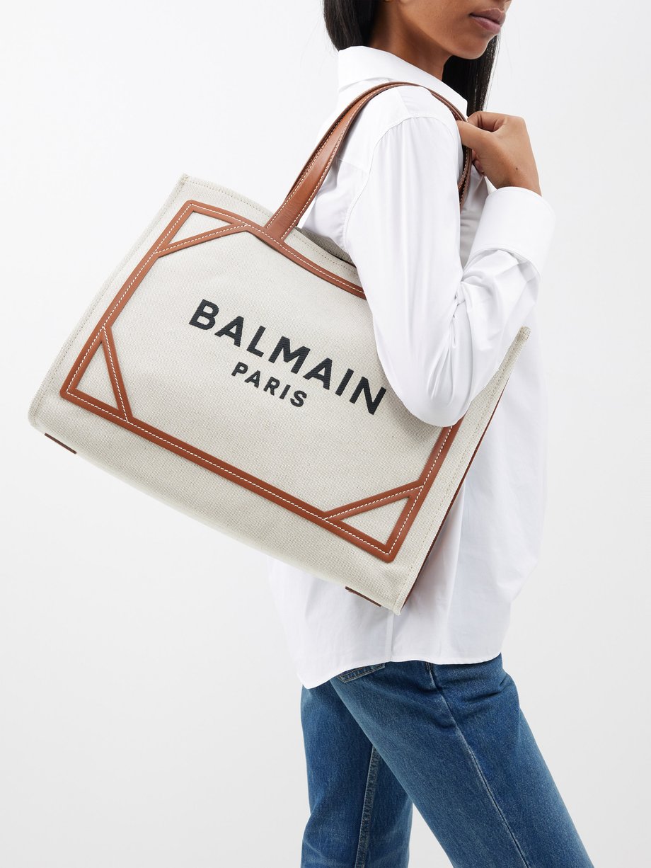White B-Army medium leather-trim canvas tote bag | Balmain ...
