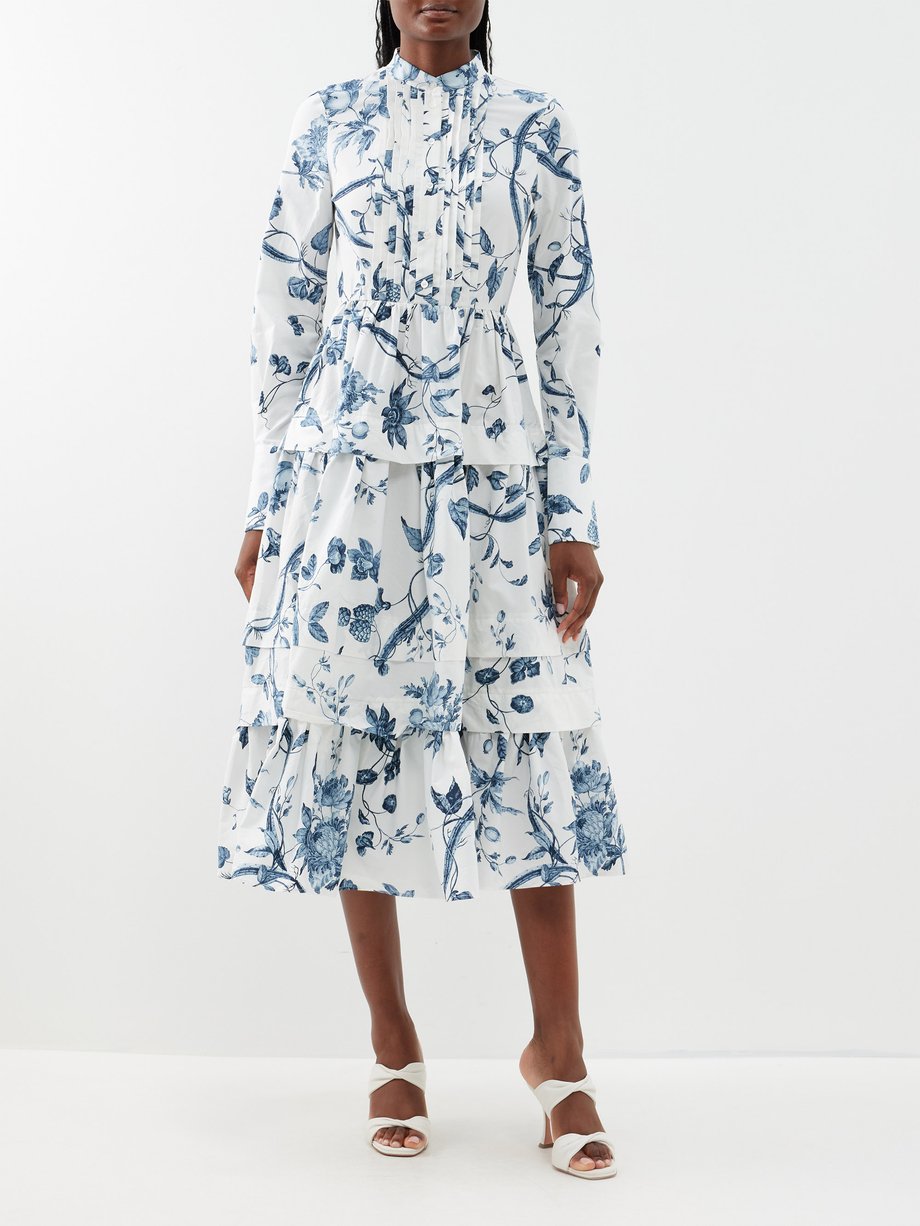 Blue cream Floral-print tiered cotton-poplin dress | Erdem | MATCHES UK