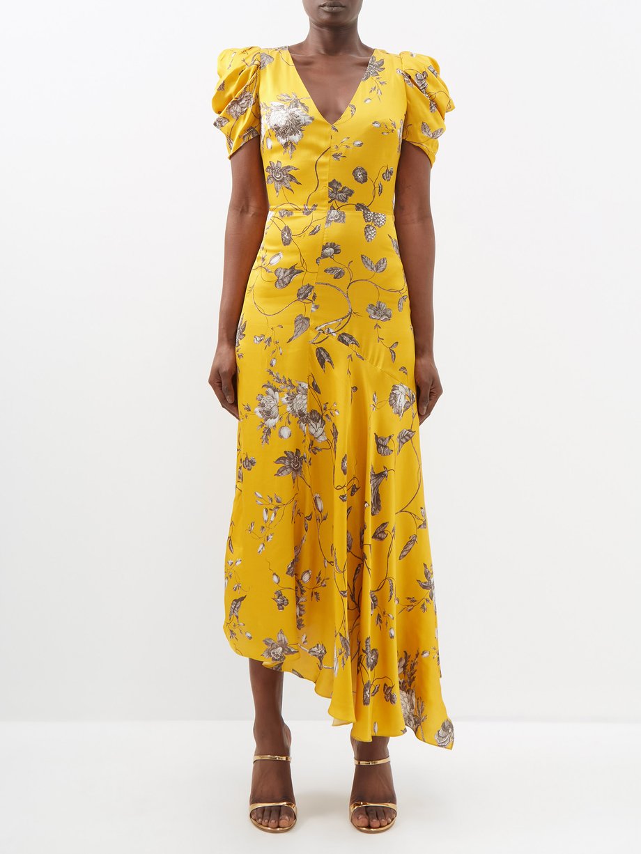 Yellow Floral-print satin dress | Erdem | MATCHESFASHION UK
