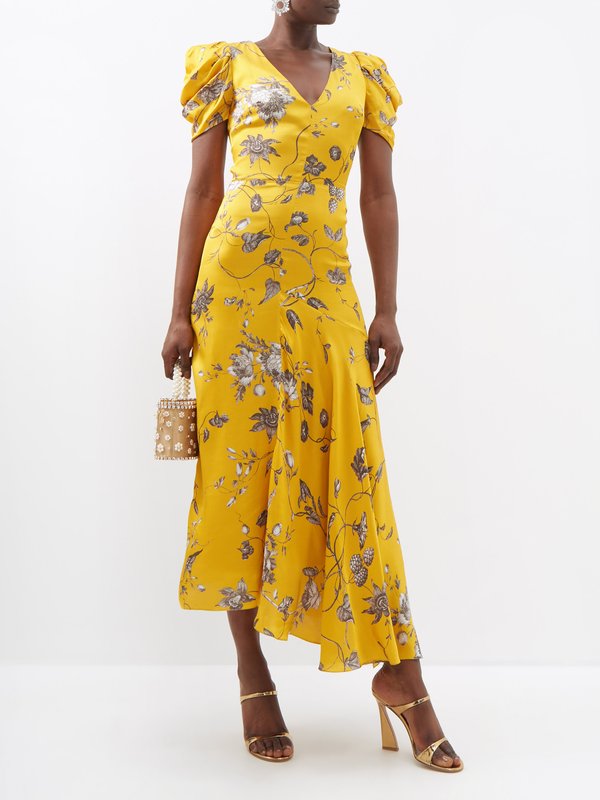 Yellow Floral-print satin dress | Erdem | MATCHES UK