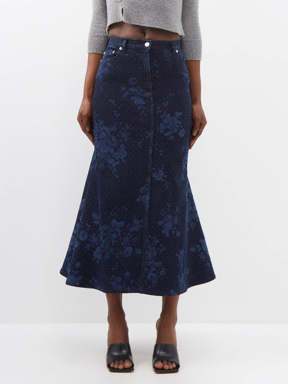 Blue Floral-print denim midi skirt | Erdem | MATCHESFASHION US