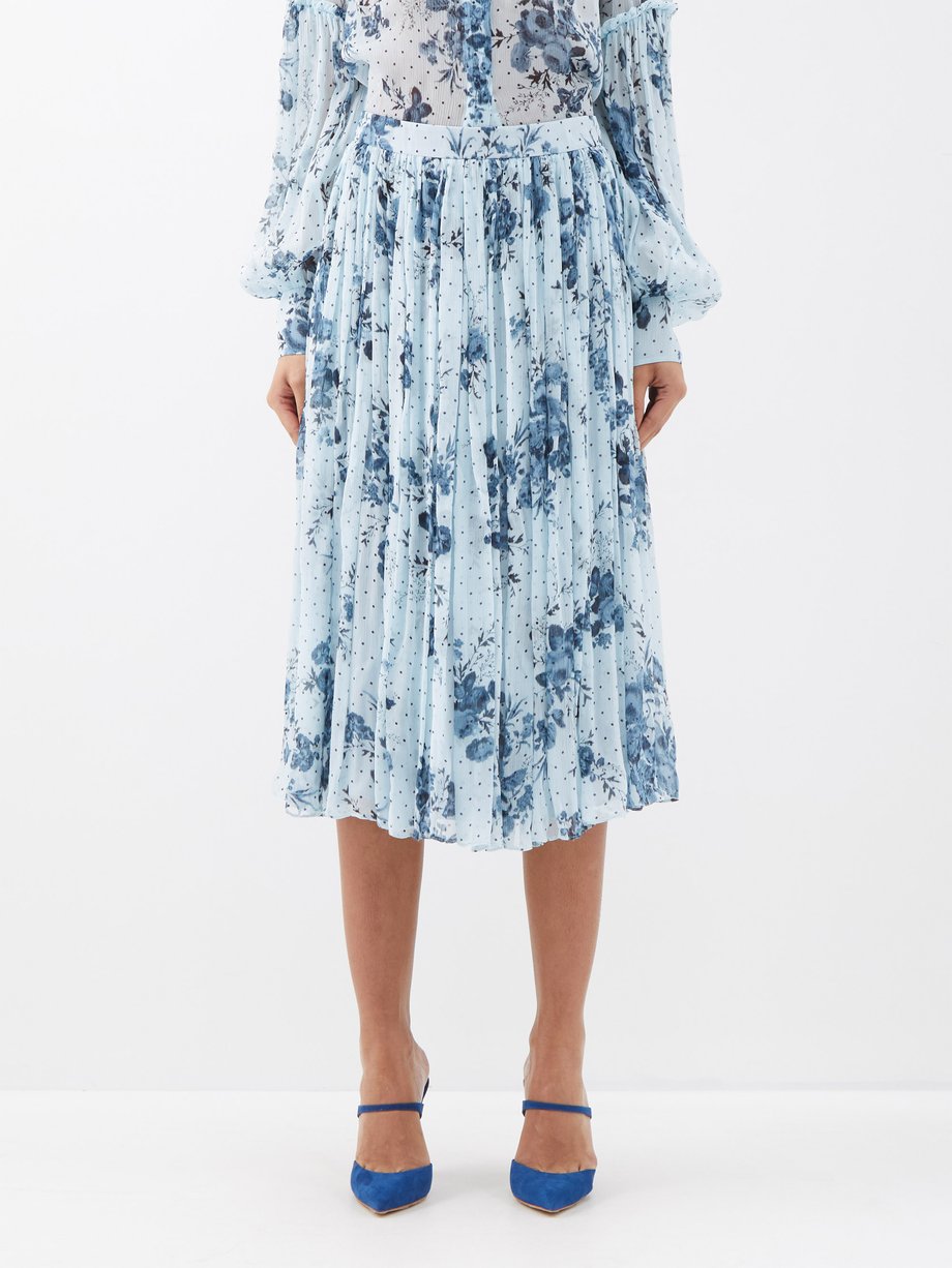 Blue Pleated floral-print crepe-georgette skirt | Erdem | MATCHES UK