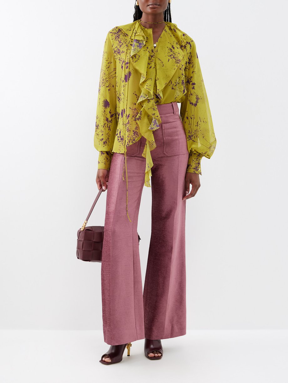 Yellow Romantic ruffled-neck silk-plissé blouse | Victoria Beckham