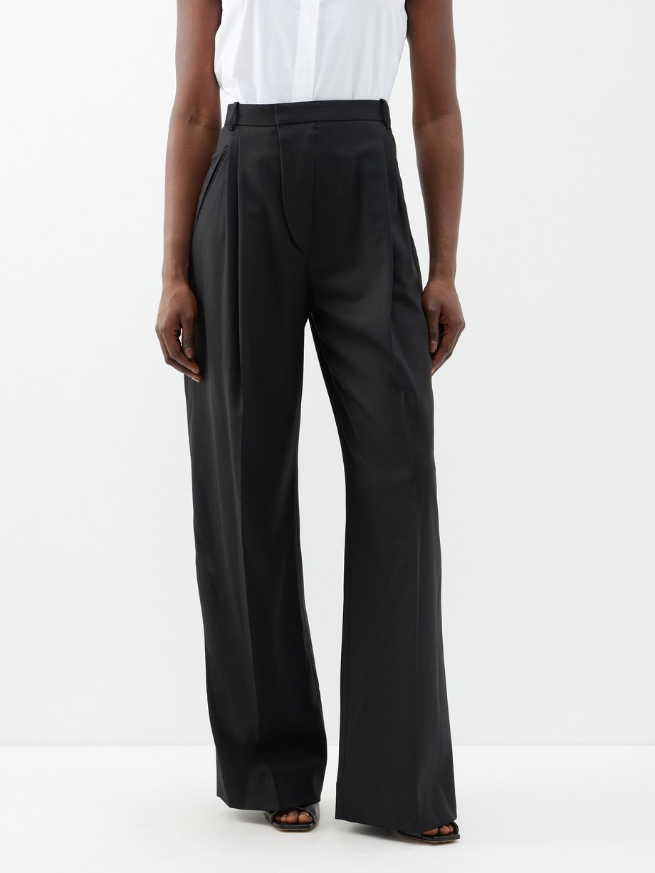 Black High-rise pleated twill wide-leg trousers | Victoria Beckham ...