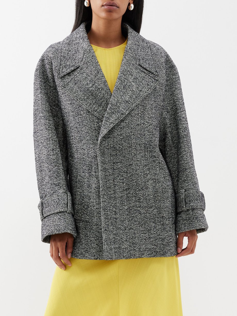 Black Oversized wool-blend herringbone pea coat | Victoria Beckham ...
