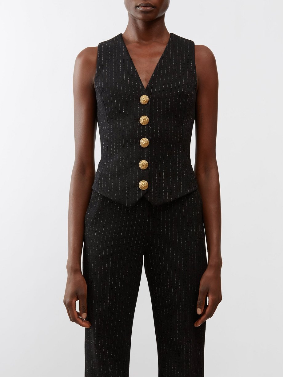 Black Pinstriped wool-blend sleeveless waistcoat | Balmain ...