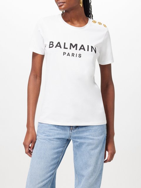 White Button-shoulder logo-print cotton T-shirt | Balmain | MATCHES UK