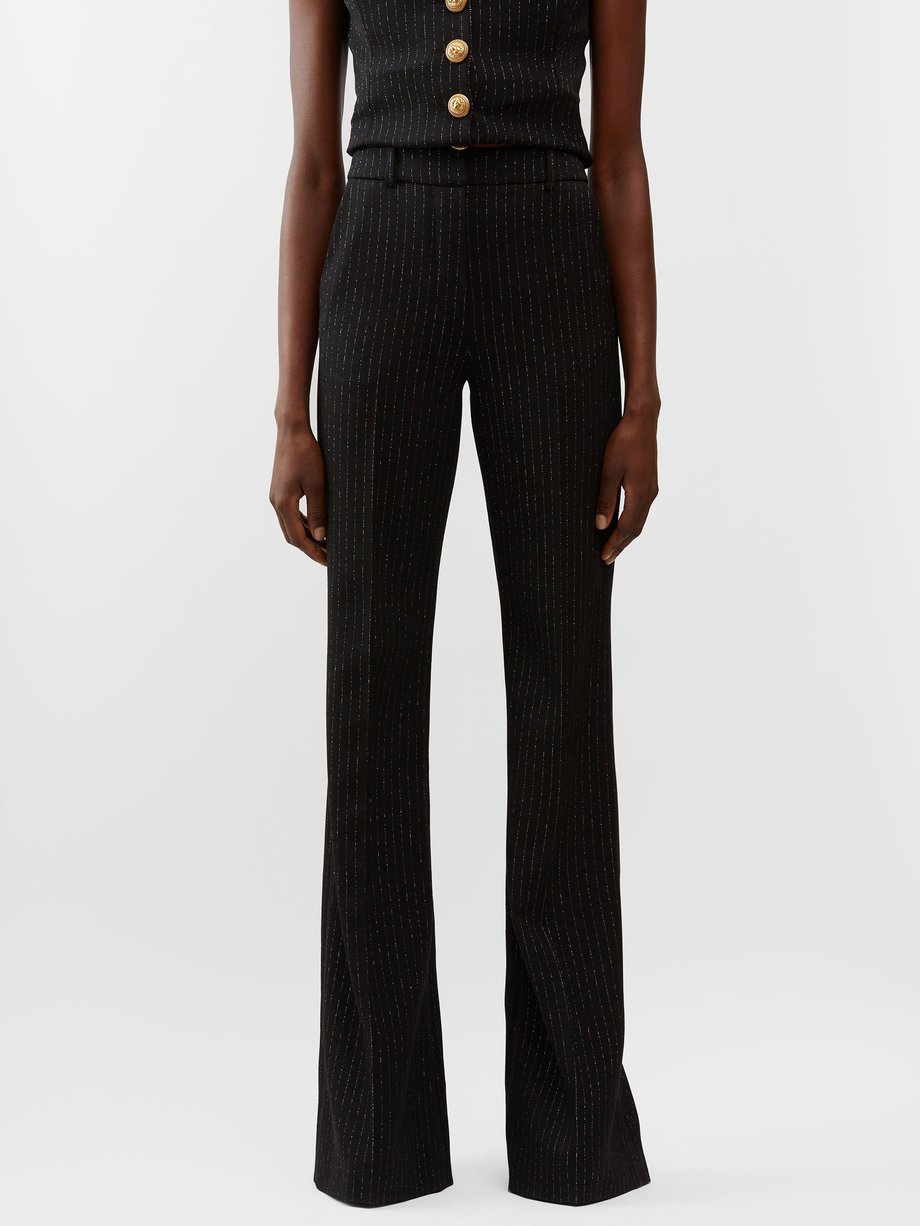 Black Pinstriped high-rise twill trousers | Balmain | MATCHES UK
