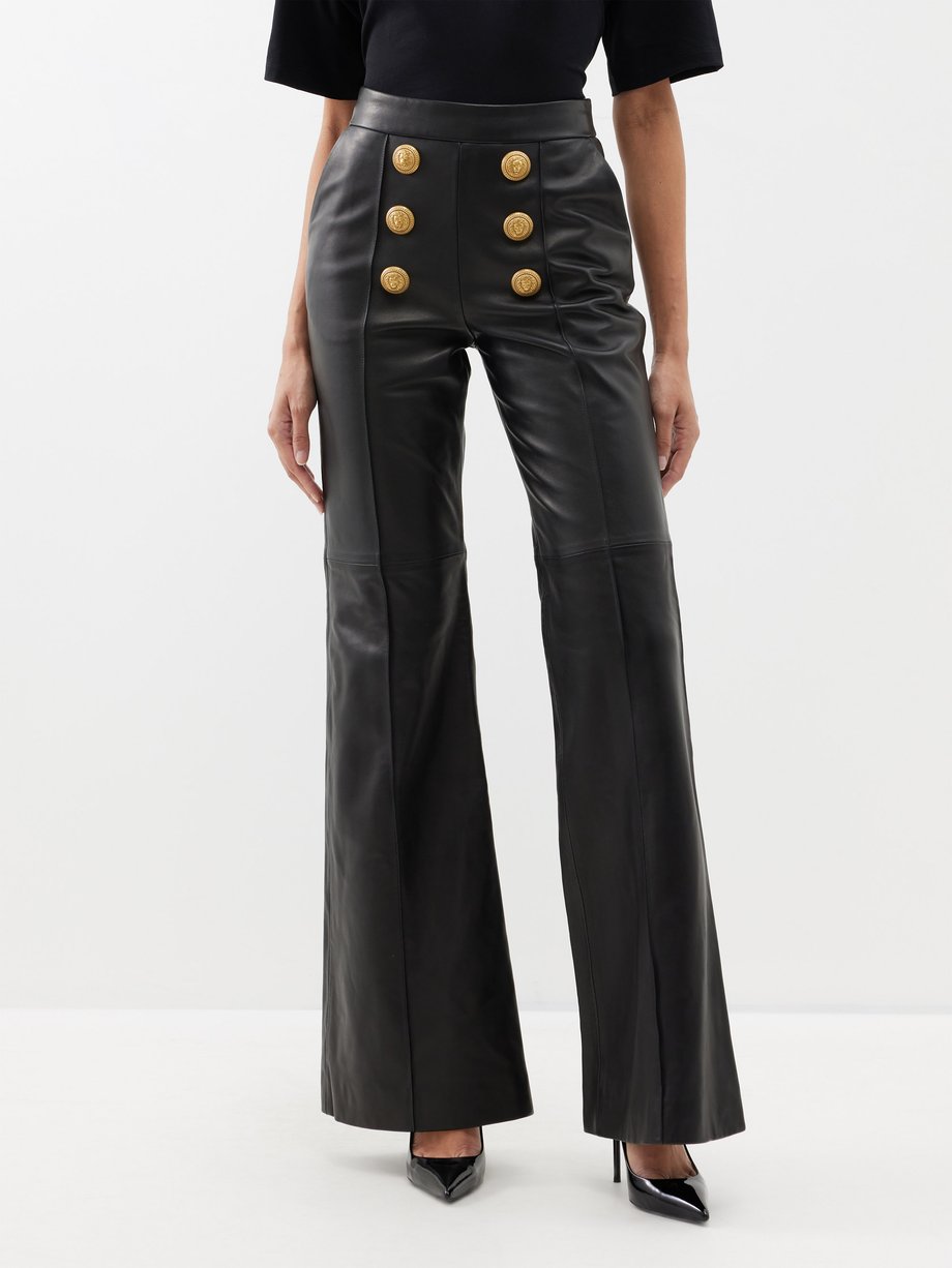 Black Button-embellished flared leather trousers