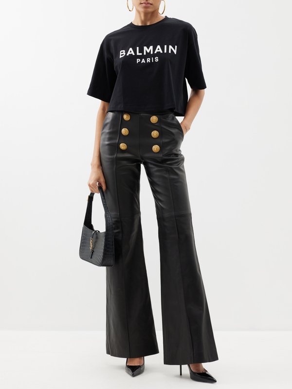 Black Button-embellished flared leather trousers, Balmain