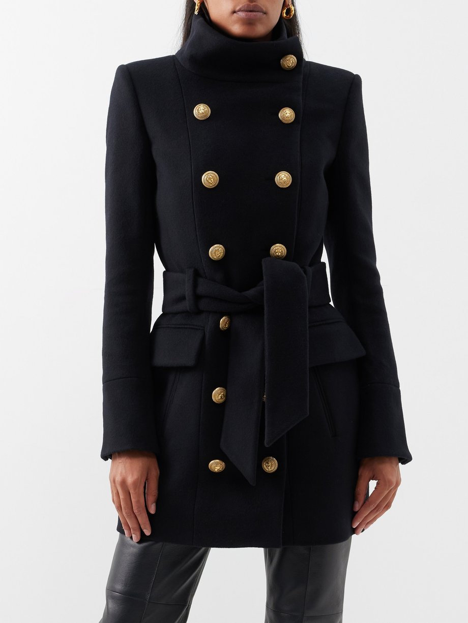 Navy Double-breasted wool-blend coat | Balmain | MATCHESFASHION UK