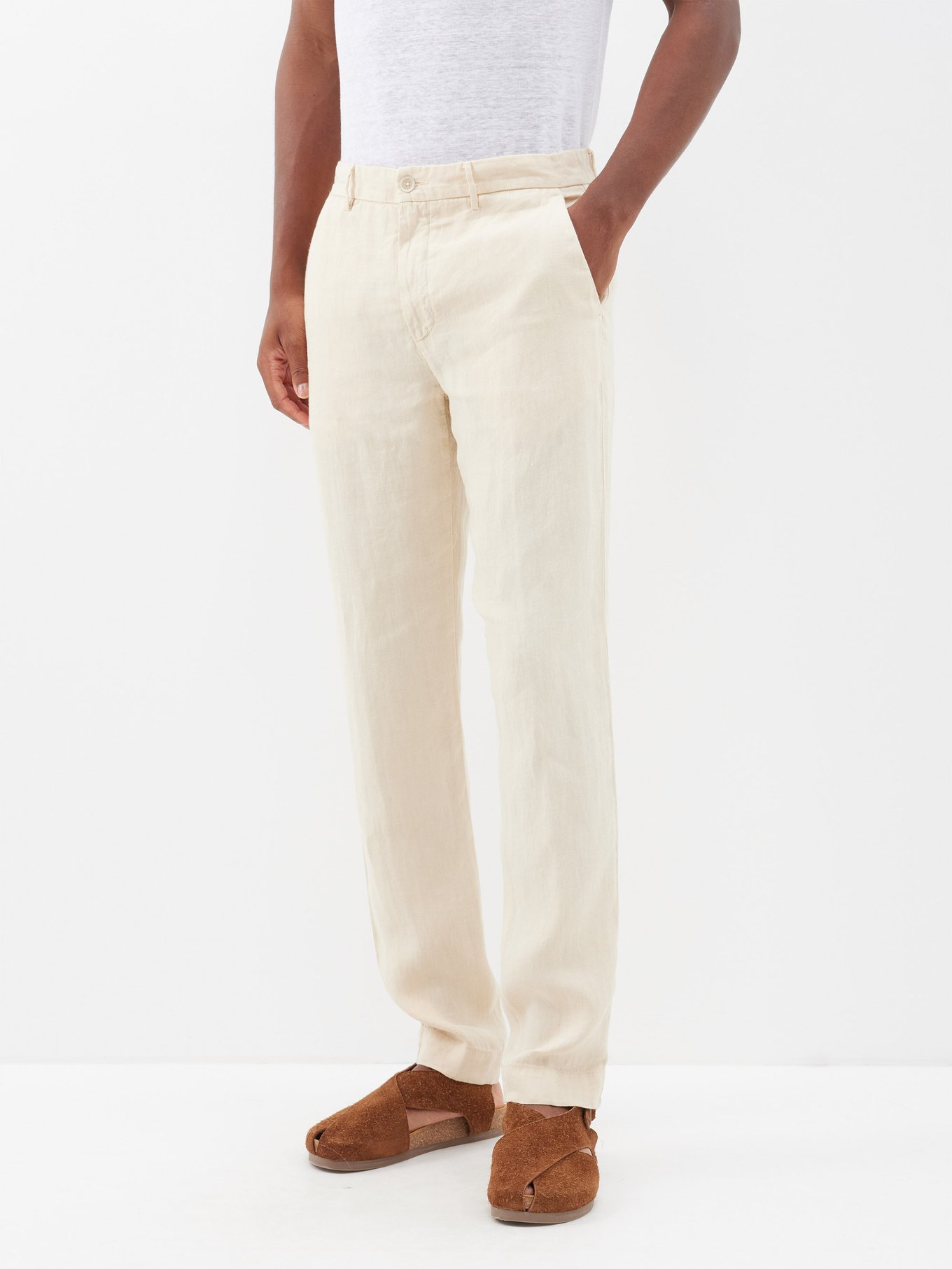 Beige Flat-front linen suit trousers, 120% Lino