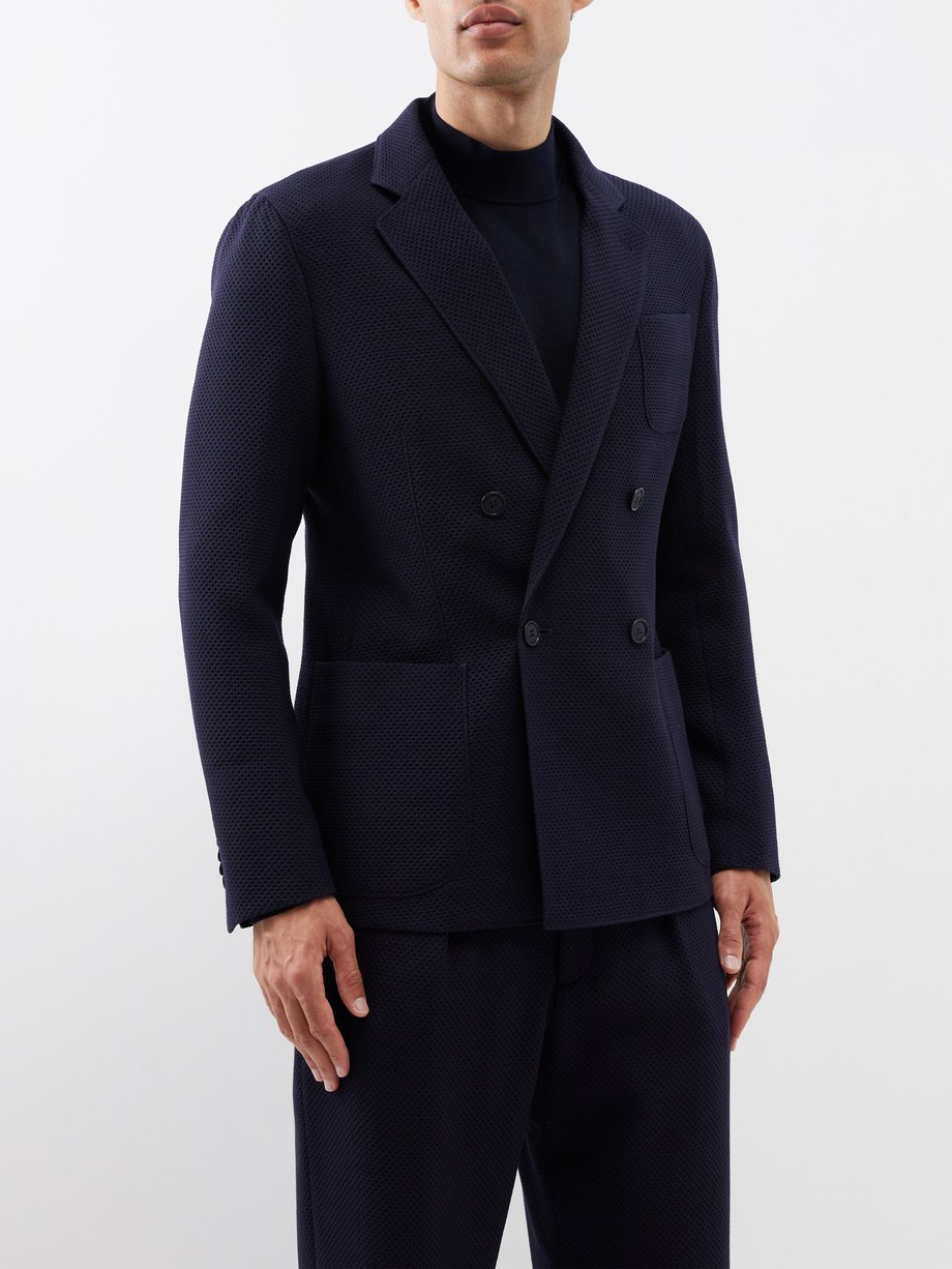 Navy Honeycomb-waffle double-breasted wool-blend blazer | Giorgio ...