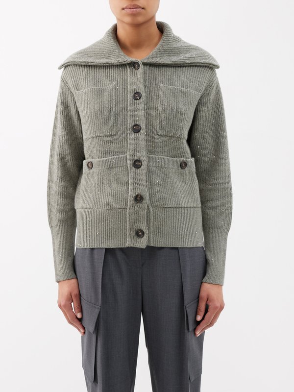 Brunello Cucinelli Wide-collar patch-pocket knitted cardigan