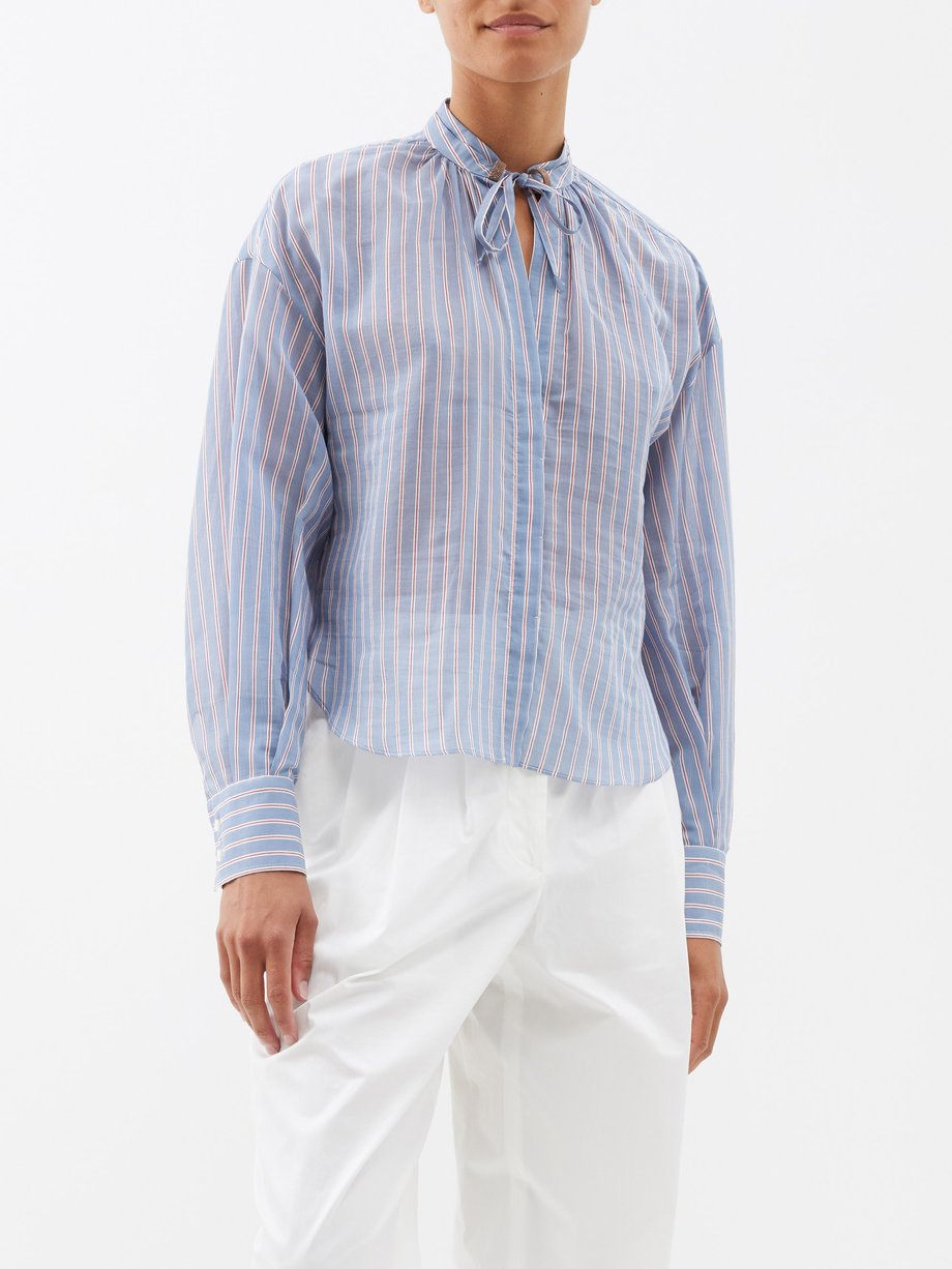 Blue Tie-collar striped silk-cotton shirt | Brunello Cucinelli | MATCHES UK