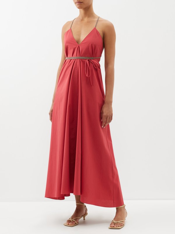 Red Monoli-embellished cross-back cotton-poplin dress | Brunello ...