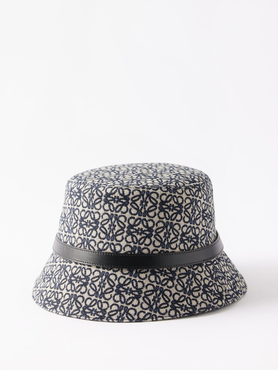 Loewe - Anagram-jacquard Leather-Trim Bucket Hat - Womens - Navy Black