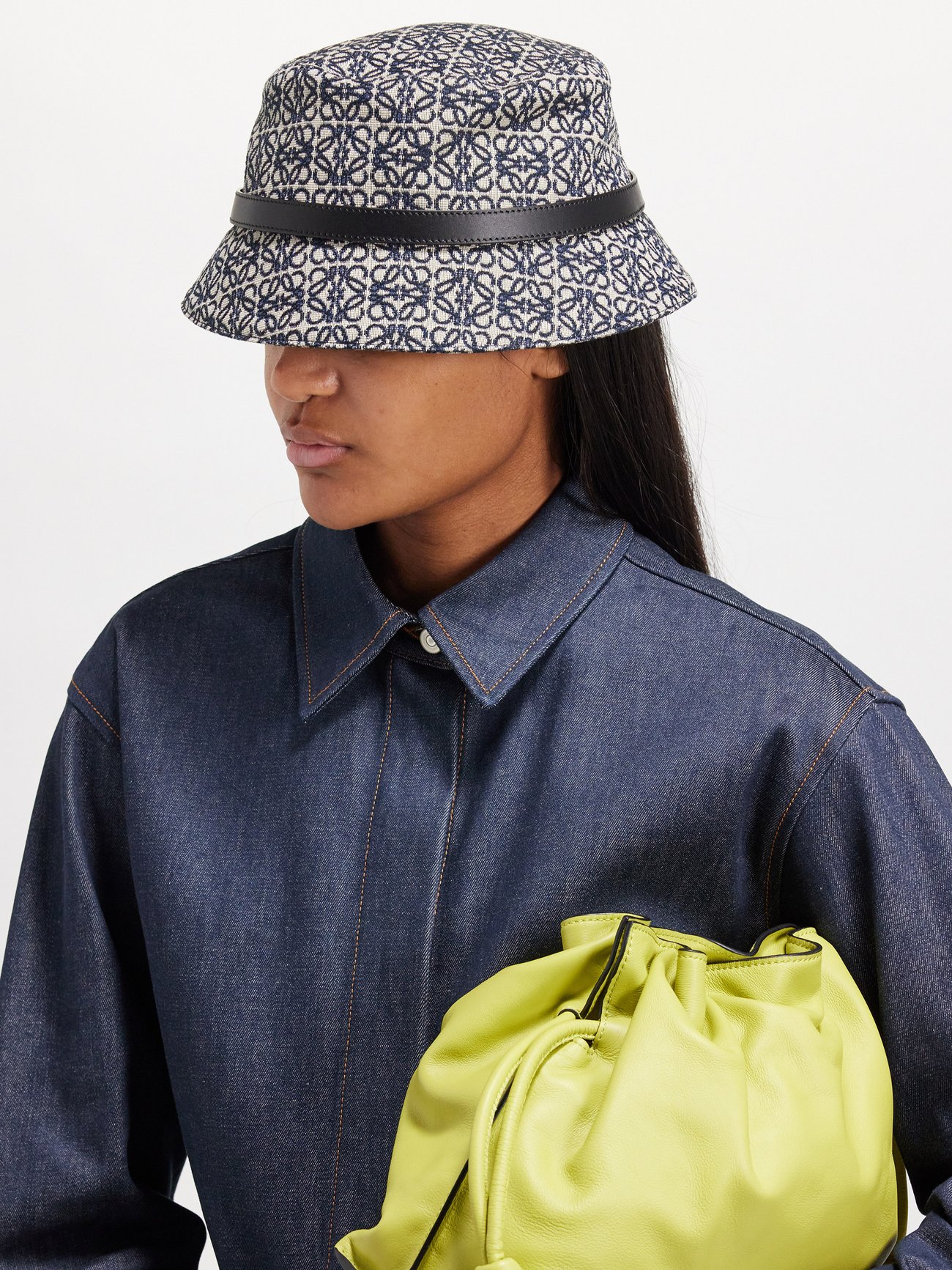 Loewe - Anagram-jacquard Leather-Trim Bucket Hat - Womens - Navy Black