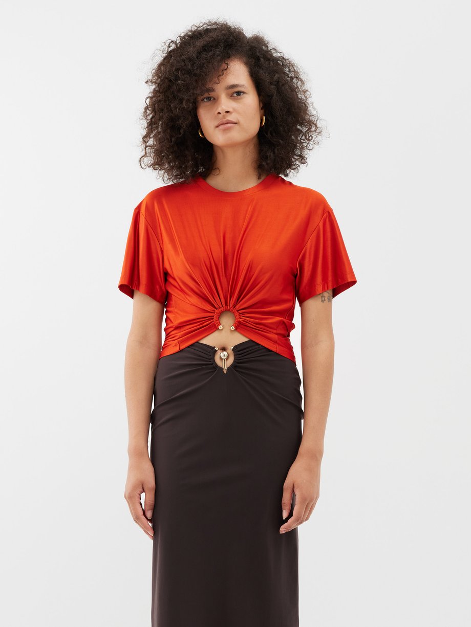 Ring hardware ruched cropped T-shirt video