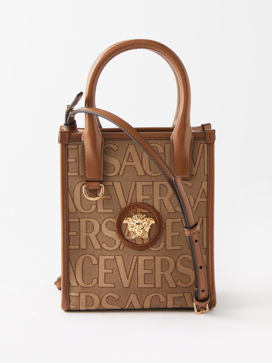 Versace Logo Canvas & Leather Tote in Black