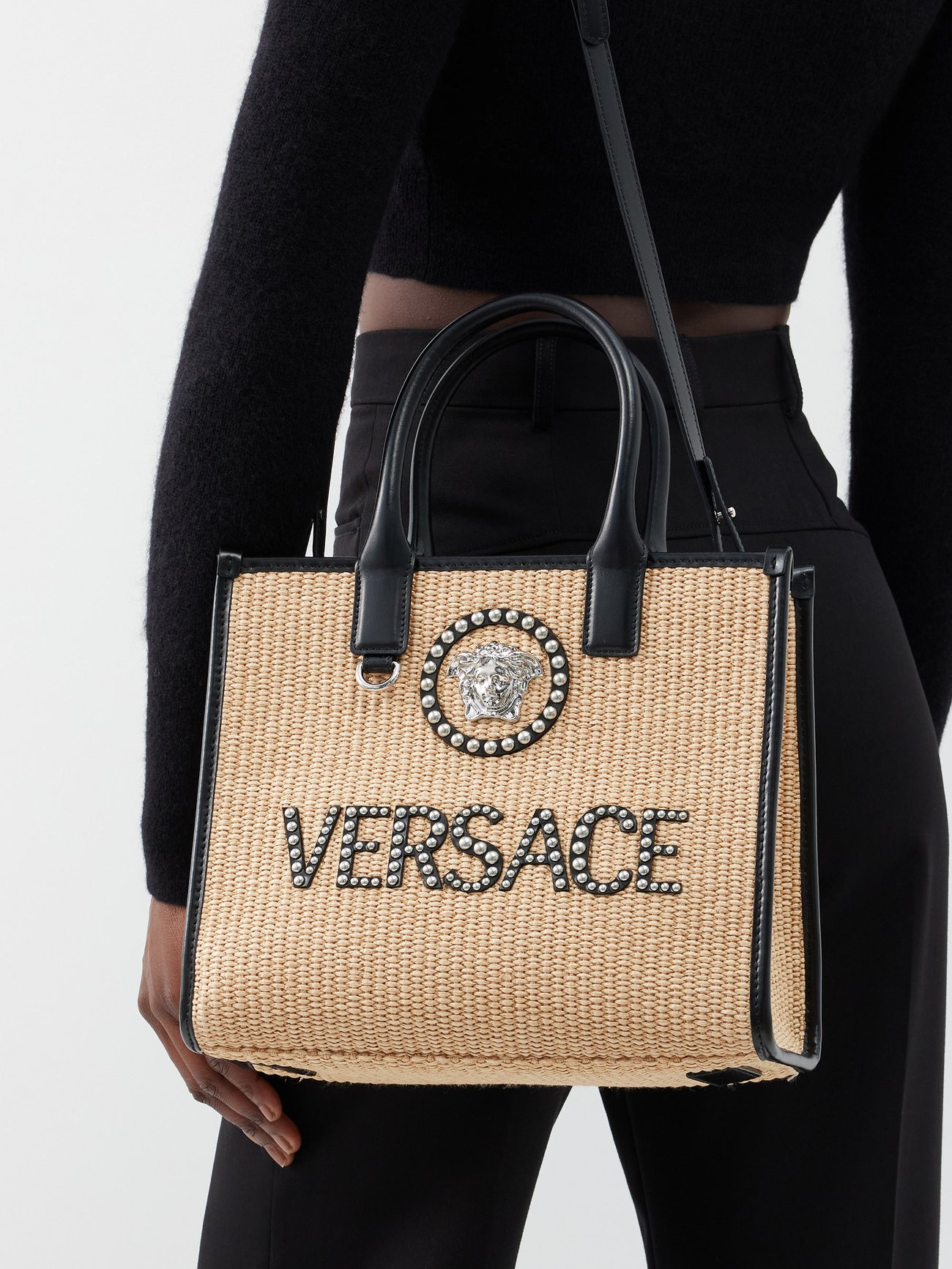 Versace La Medusa bag in raffia and leather with studs - ShopStyle