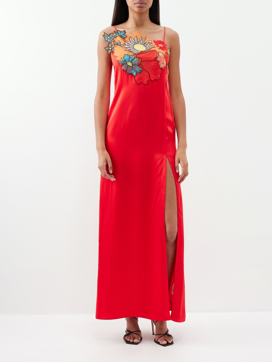 Red The Innocent floral-appliqué satin gown | Christopher Kane ...