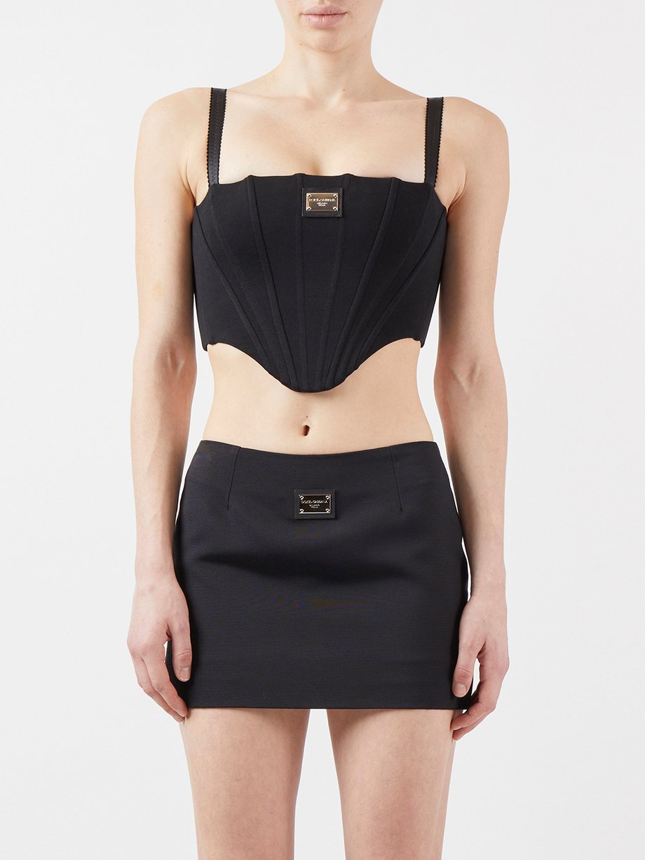 Black Logo-plaque cropped jersey corset top, Dolce & Gabbana