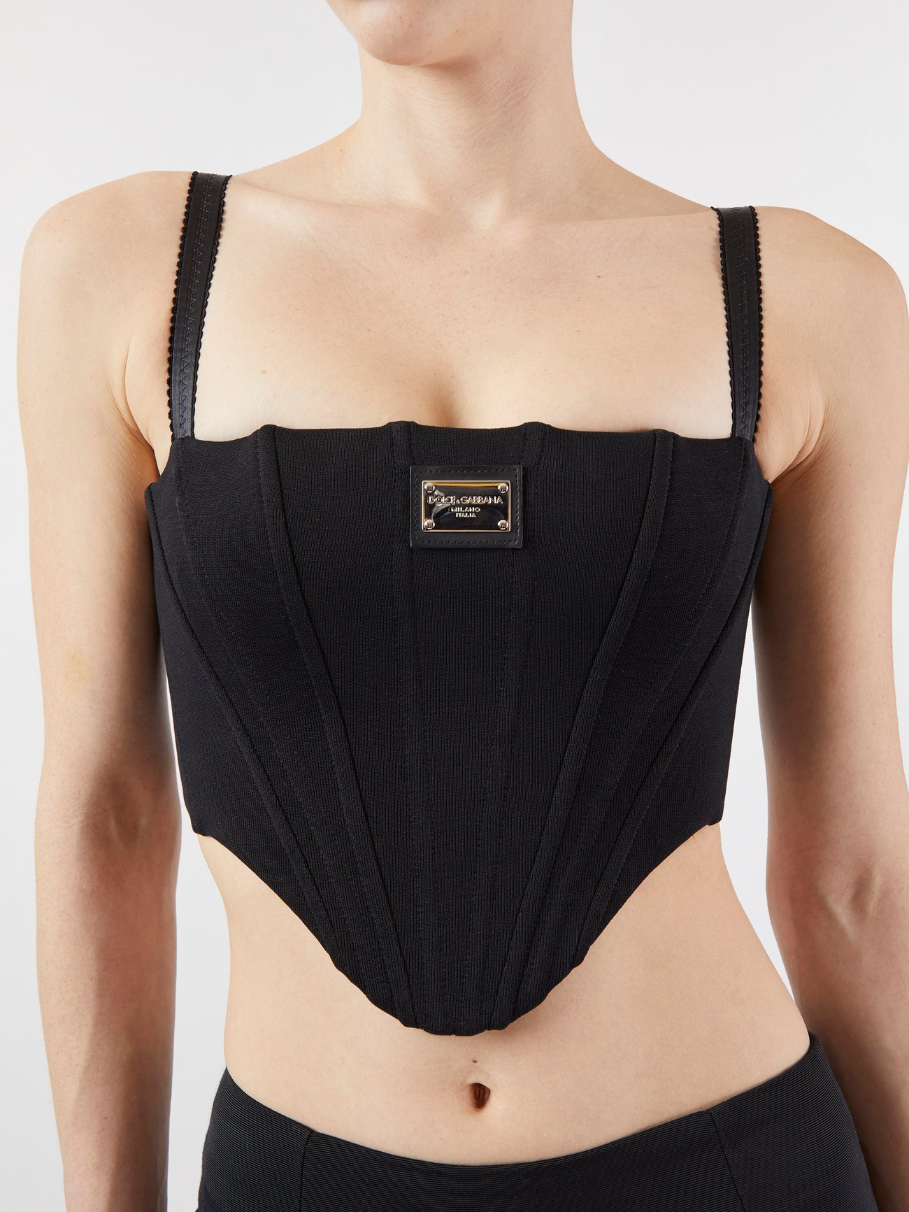 Black Logo-plaque cropped jersey corset top, Dolce & Gabbana