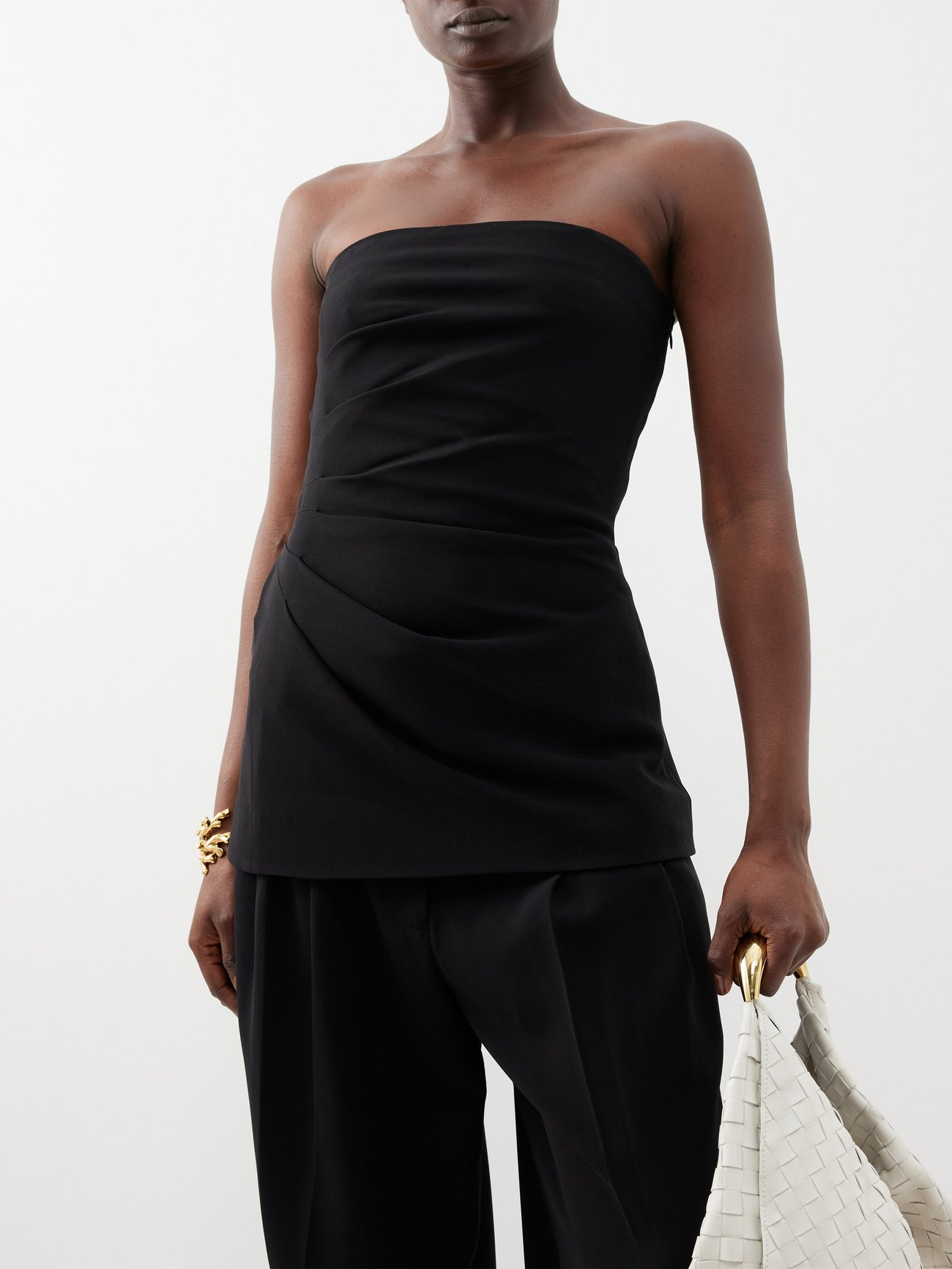 Strapless pleated crepe top