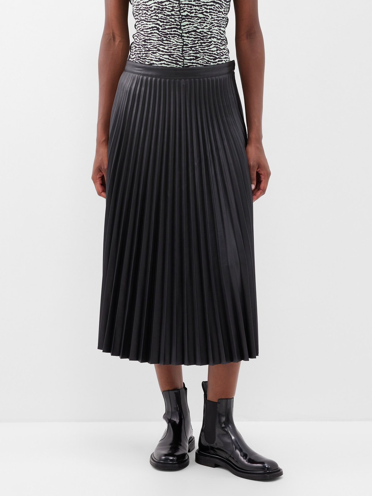 Pleated faux-leather midi skirt