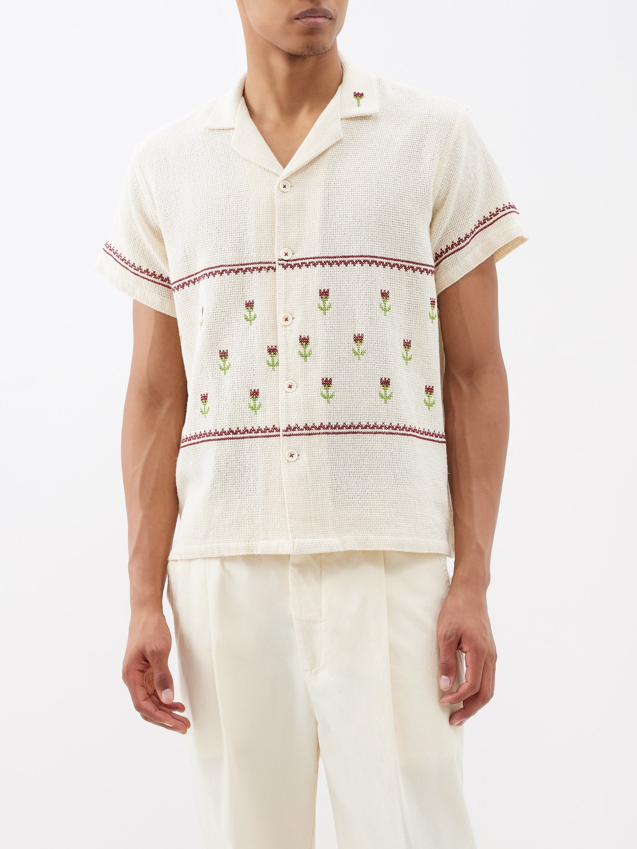 White Floral-embroidered cotton shirt | HARAGO | MATCHES UK