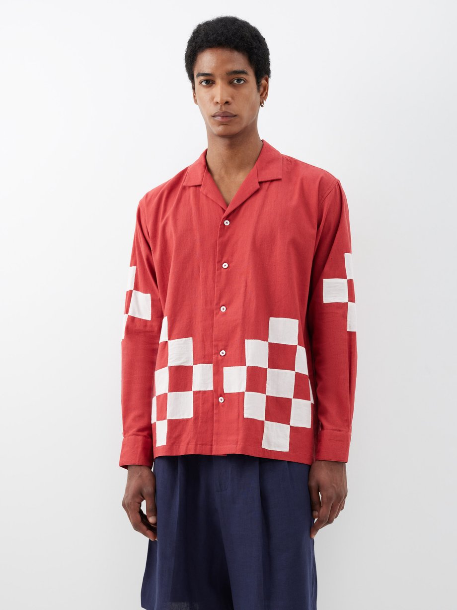 Red Grid-appliqué cotton shirt | HARAGO | MATCHES UK