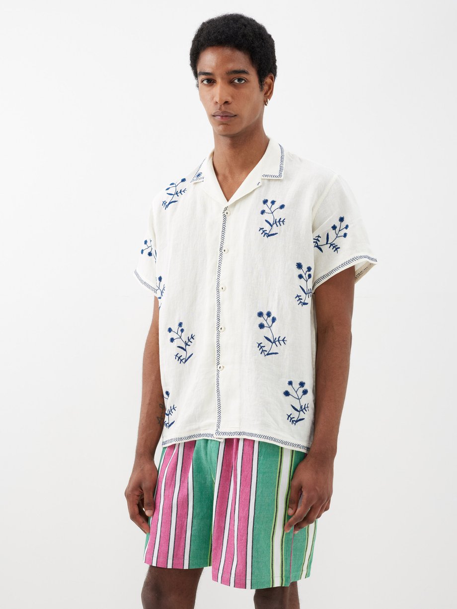 White Floral-embroidered linen shirt | HARAGO | MATCHES UK
