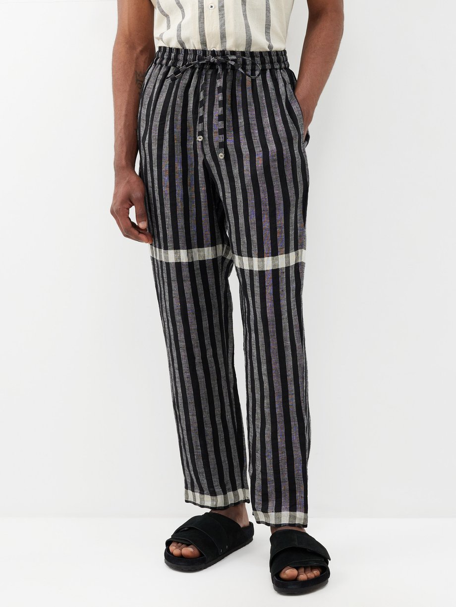 Black Jacquard-stripe linen trousers, HARAGO
