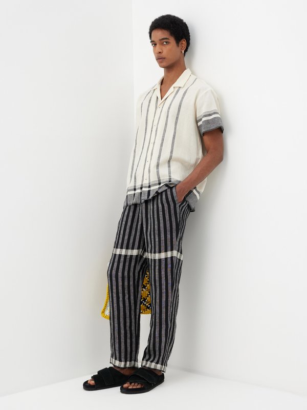 Black Jacquard-stripe linen trousers, HARAGO