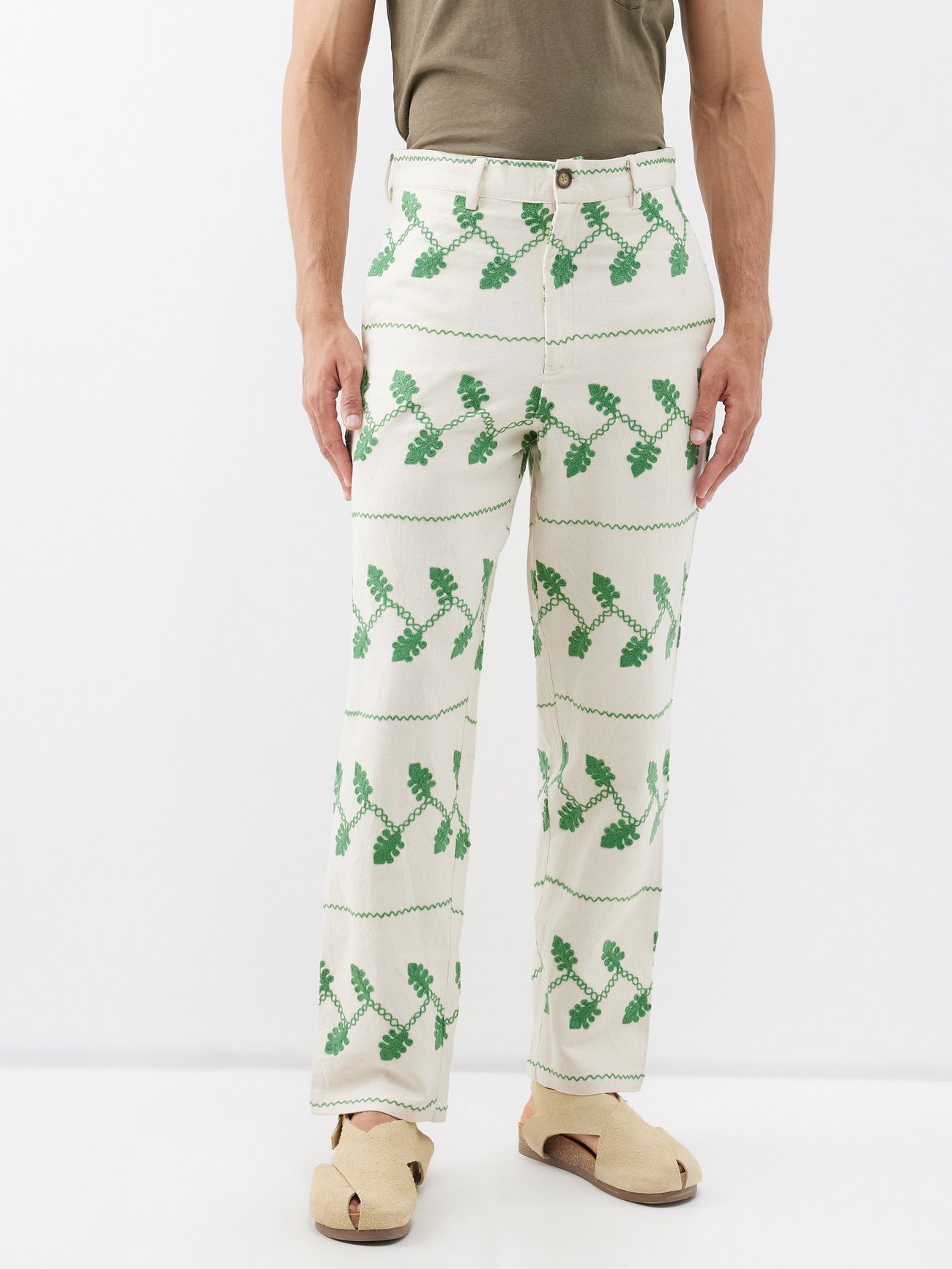 White Suzani-embroidered cotton-canvas trousers | HARAGO