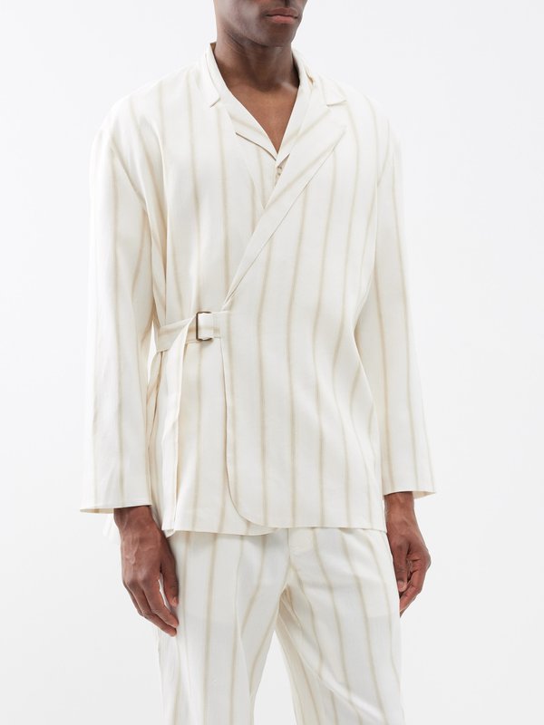 Commas Side-belt striped linen-blend suit jacket