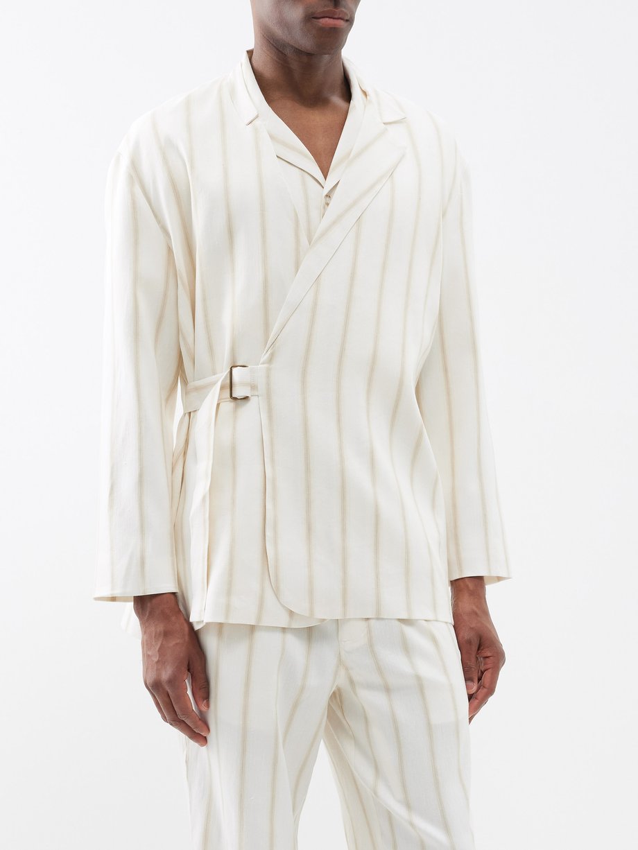 White Side-belt striped linen-blend suit jacket, Commas