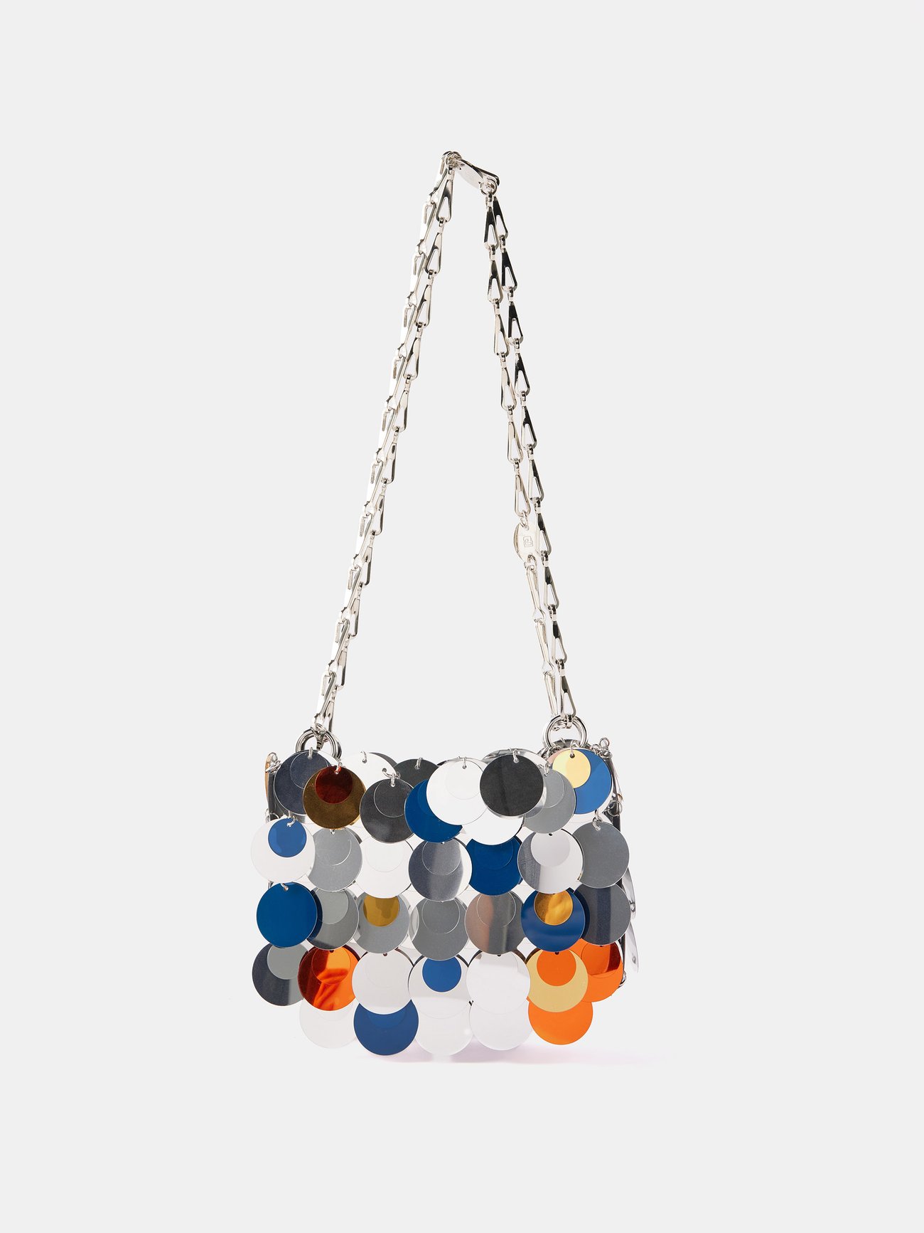 Paco Rabanne draws on 1960s designs for this multicoloured Sparkle shoulder bag, faceted with hundreds of paillettes that are held together with metal links.