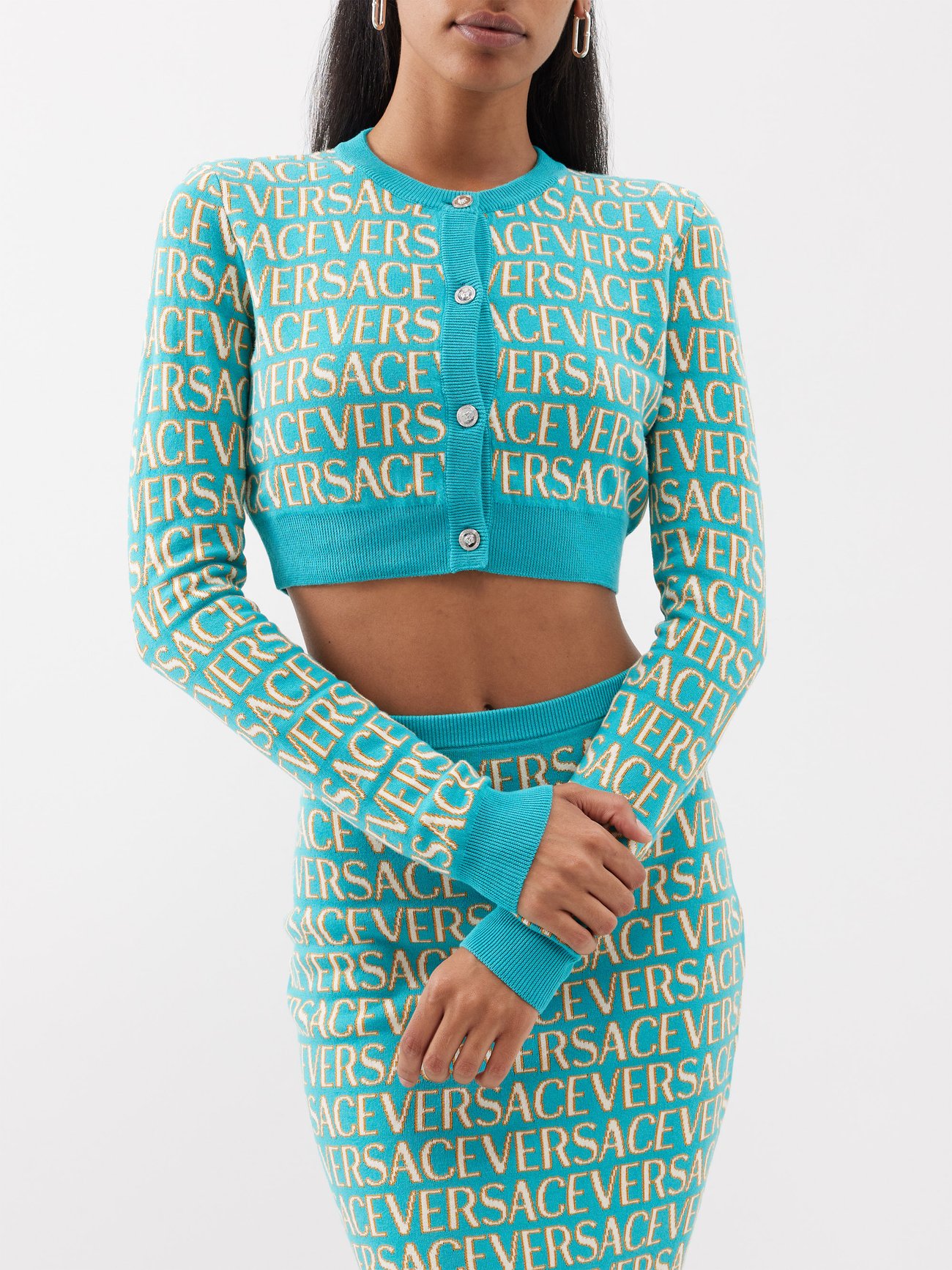 VERSACE Cropped embellished snake-print stretch-jersey top