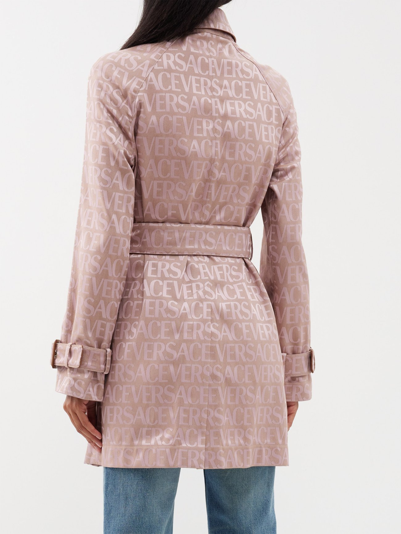 Versace Belted Leather-trimmed Canvas-jacquard Trench Coat - Women - Blush Trench Coats - M