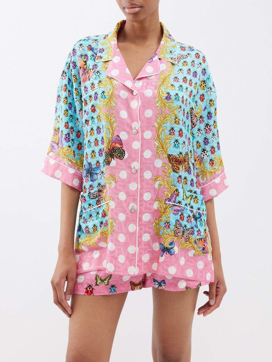 Blue Polka dot and butterflies-print twill shirt | Versace ...