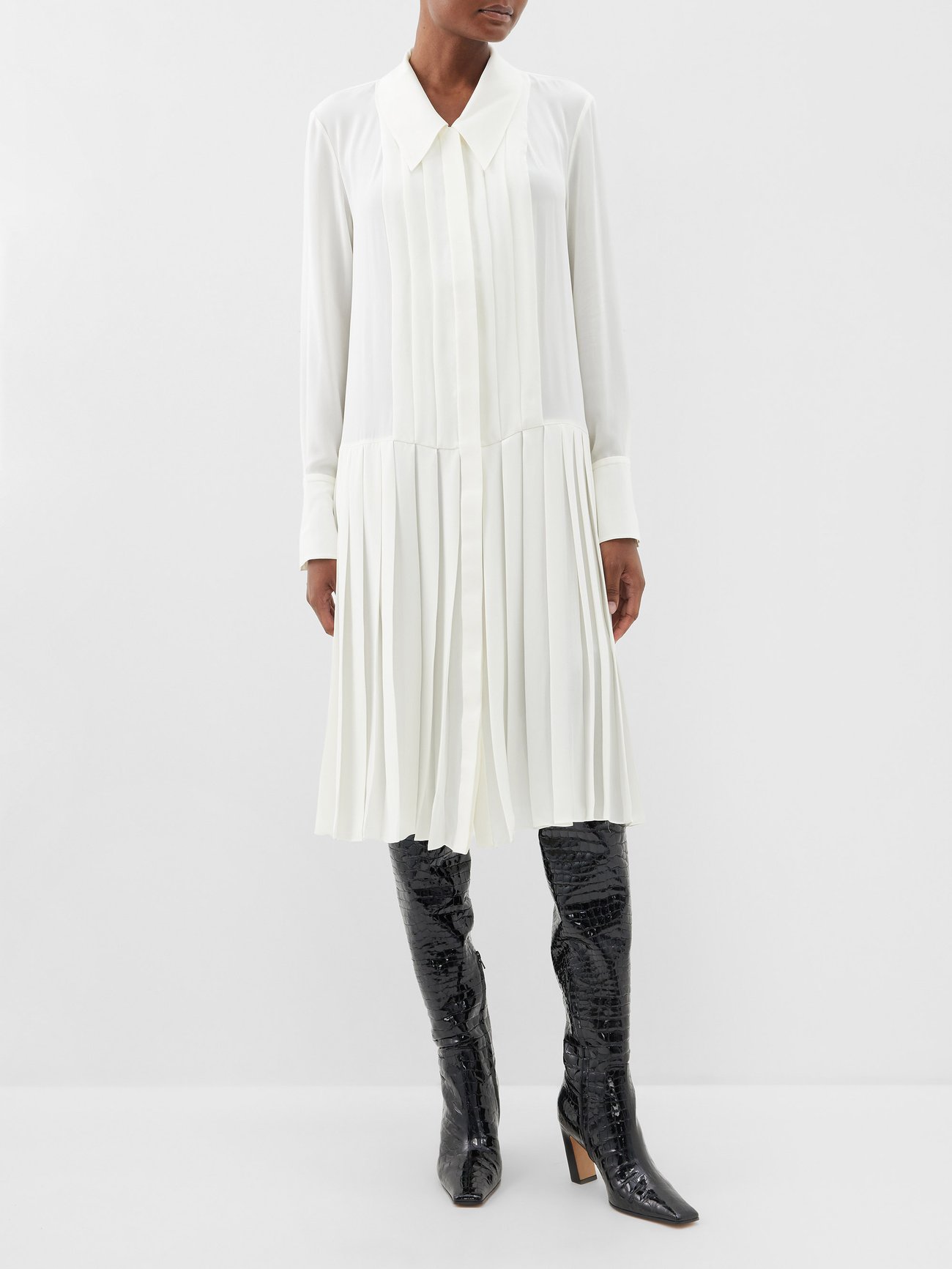 White Helli pleated silk shirt dress | Khaite | MATCHES UK