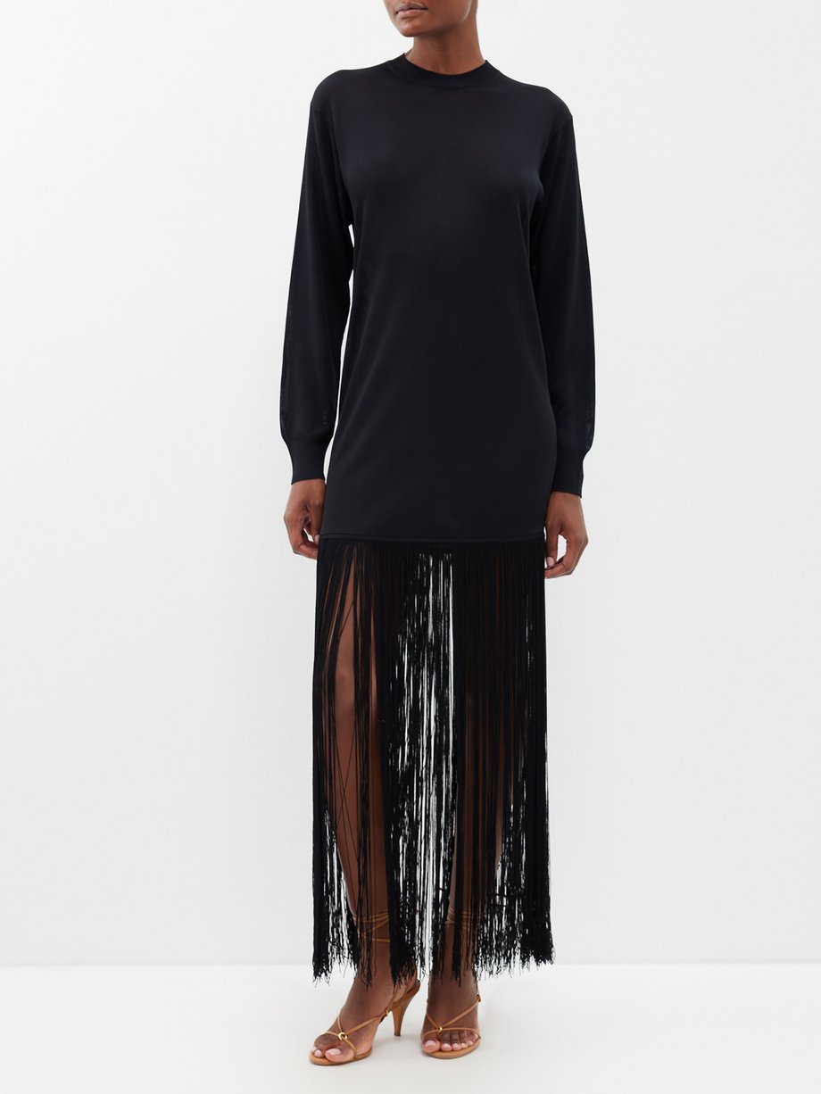 Fringe-trimmed knitted dress