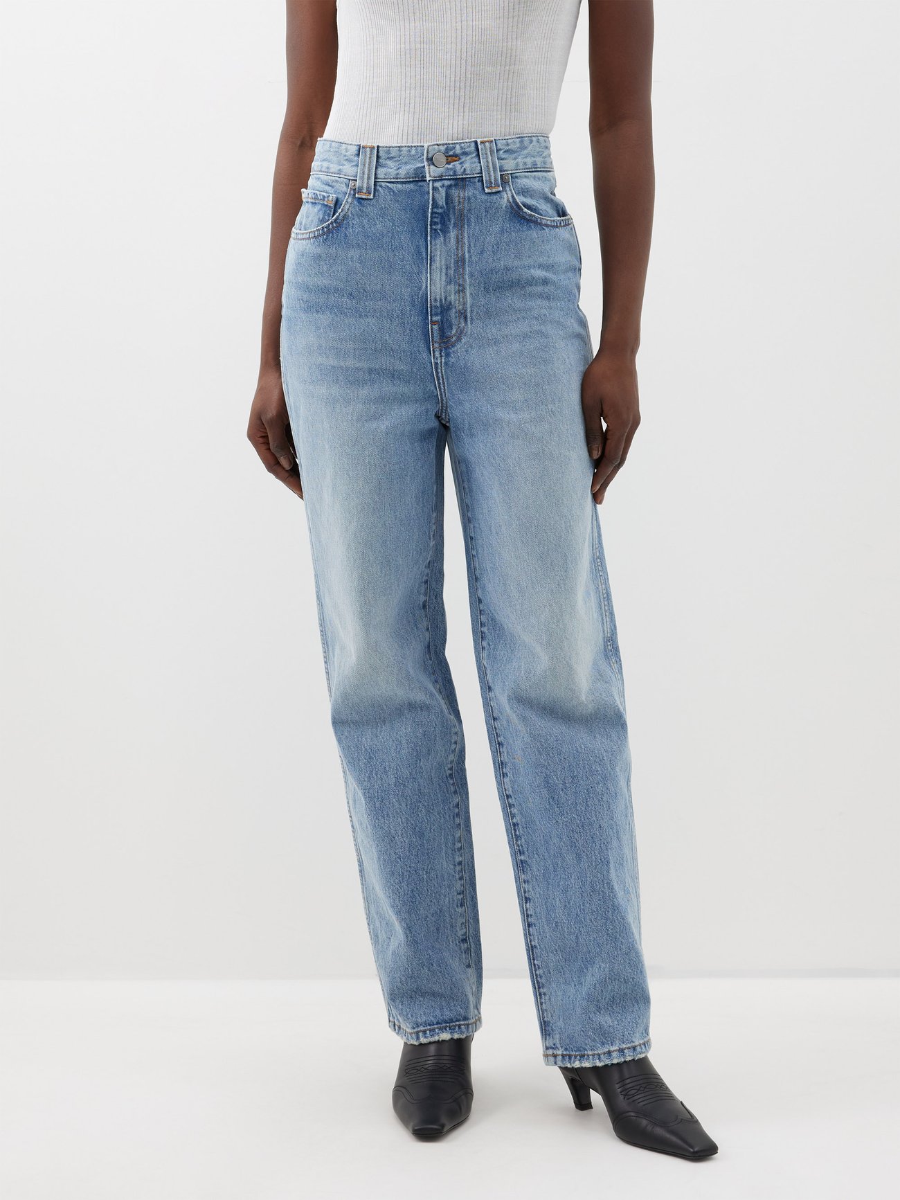 High Rise Full Length Straight Jeans In Light Mid Indigo Wash, Full Length  Straight Leg Jeans