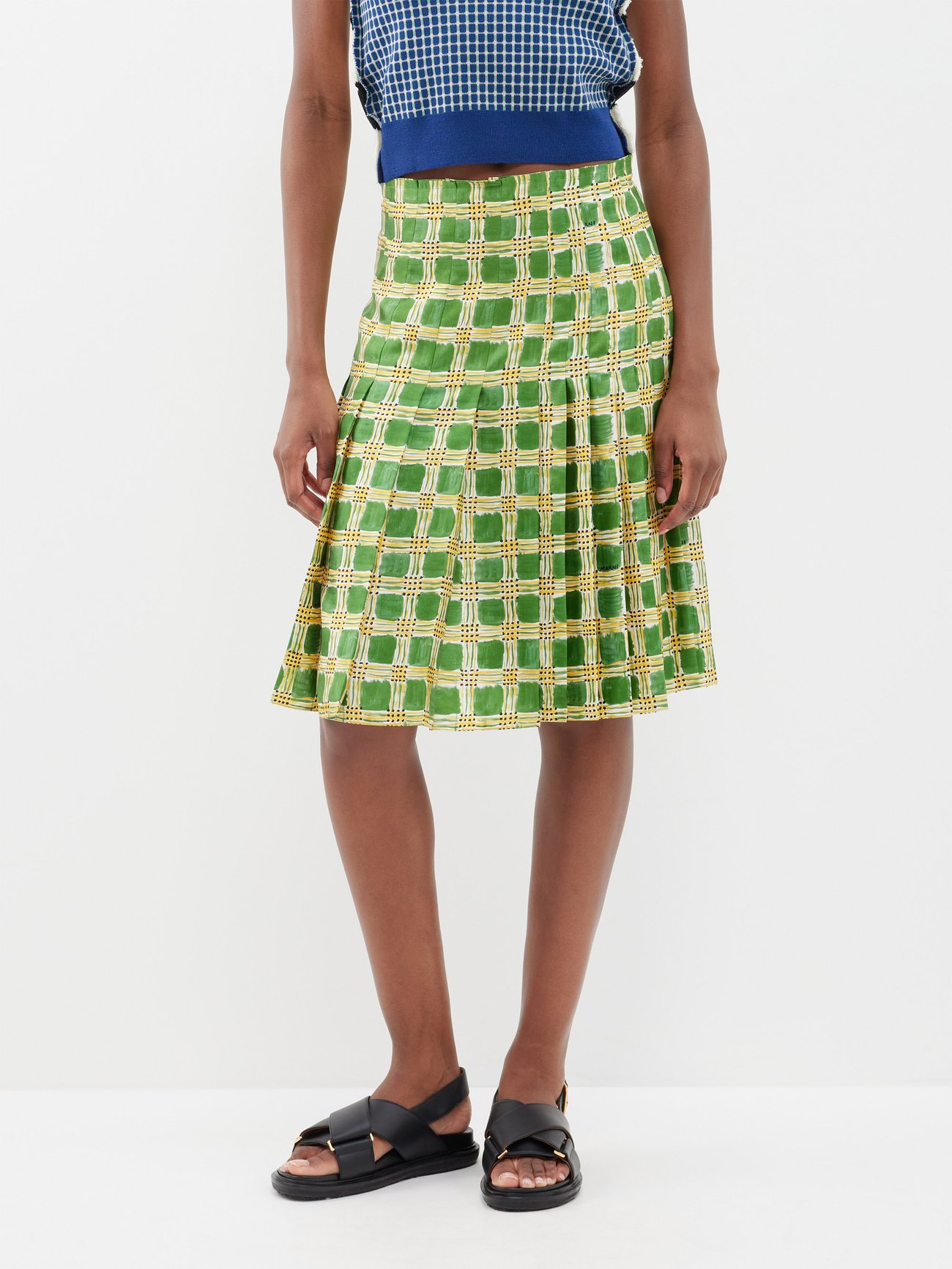 Herlipto Pleated Checkered Twill Skirt-
