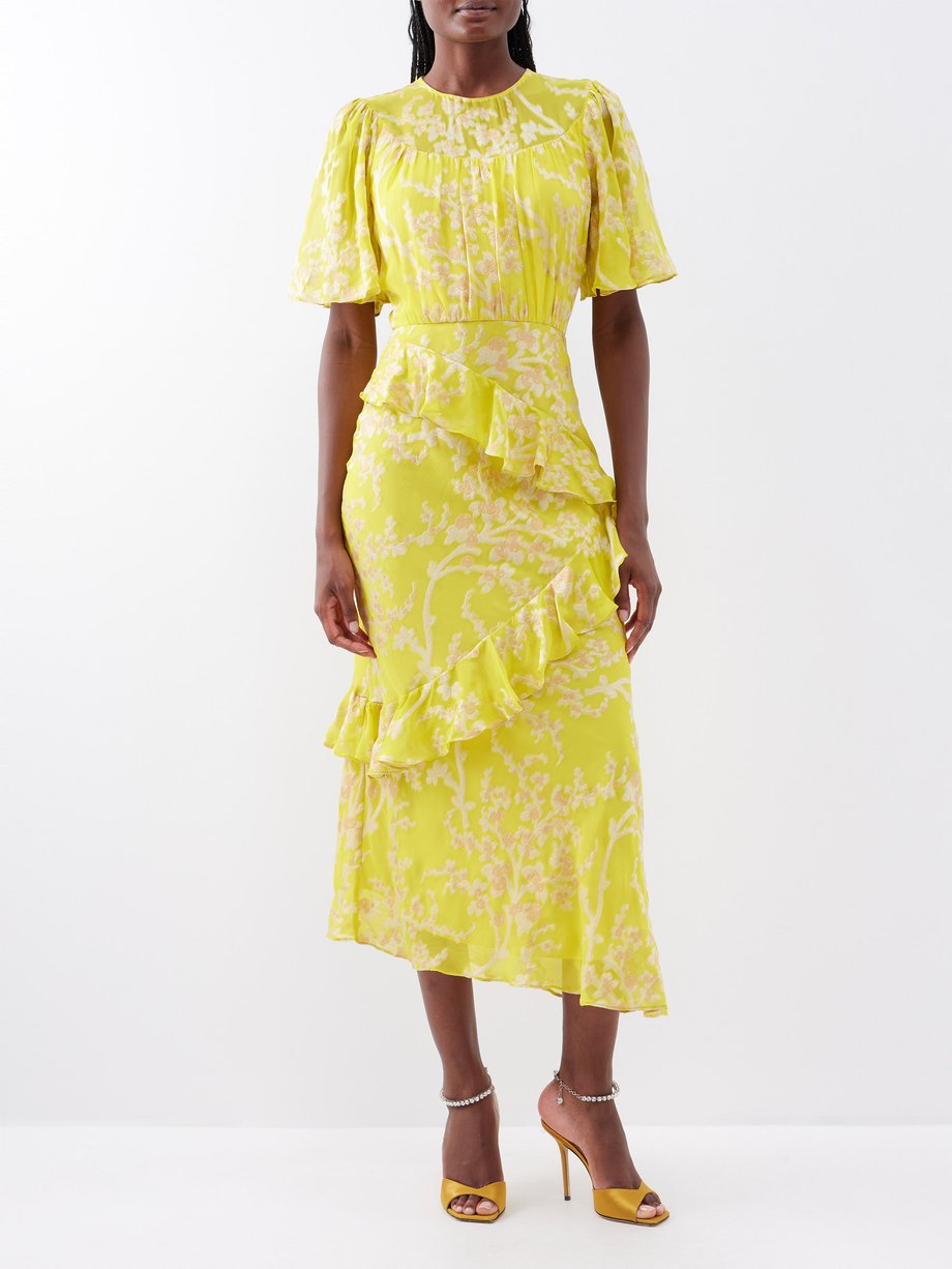 Yellow Vida-B floral-jacquard ruffled silk dress | Saloni | MATCHES US