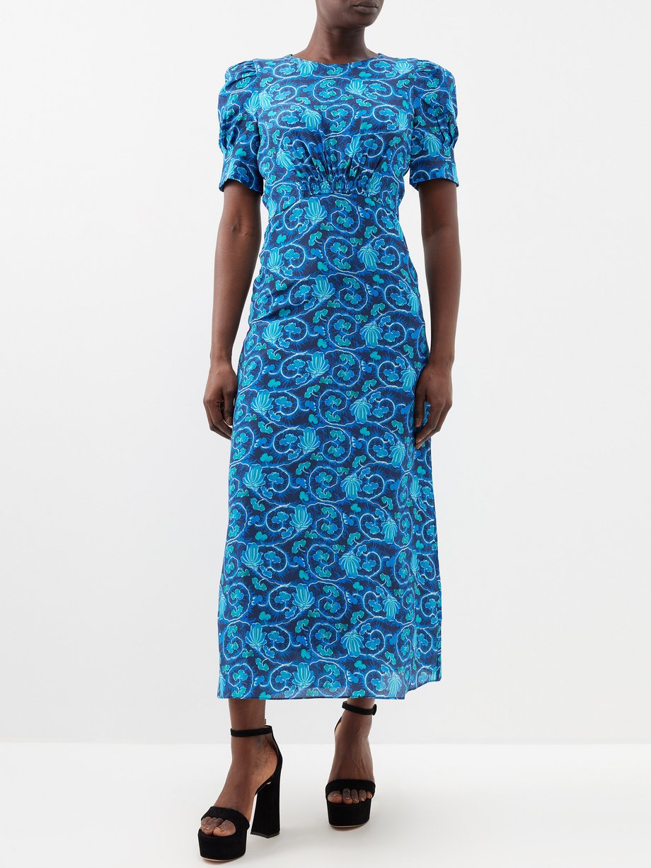 Blue Bianca floral-print silk-crepe midi dress | Saloni | MATCHES UK