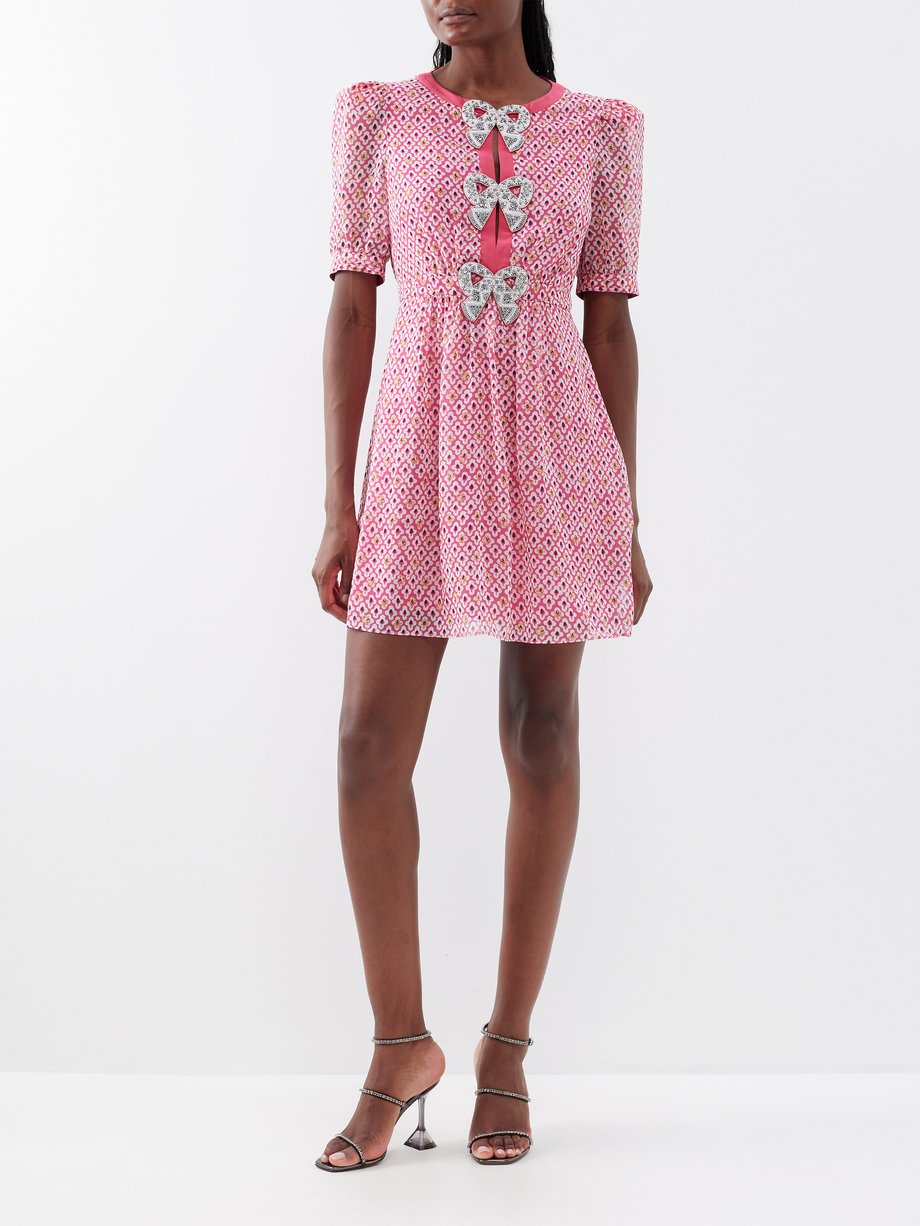 Pink Jamie crystal-bow silk-georgette mini dress | Saloni ...